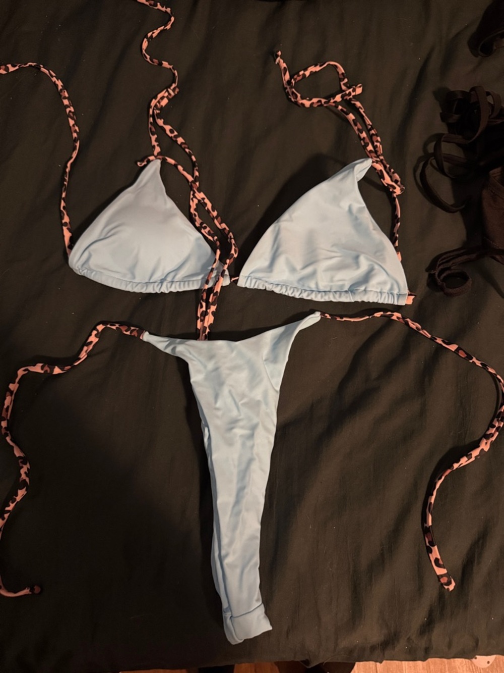 Light Blue Triangle Bikini with Pink Leopard Tie Straps